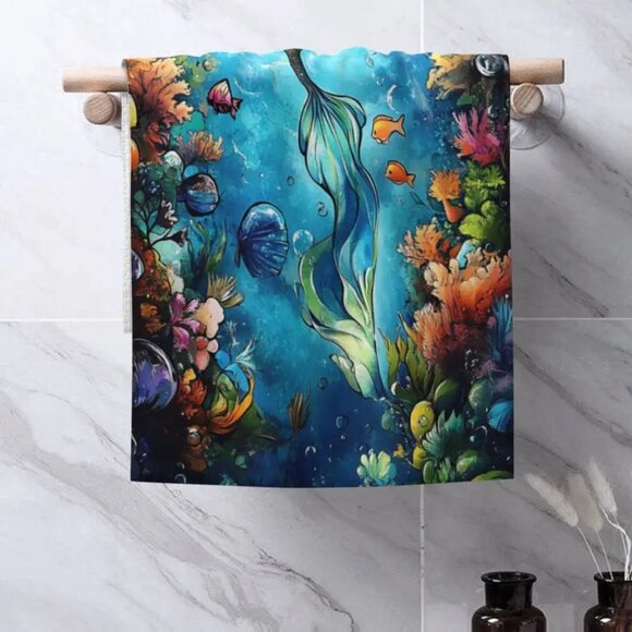 SET of 2 - Super Soft Kitchen Towels - Deep Sea Mermaid Pattern - Beach Decor - Picture 5 of 6